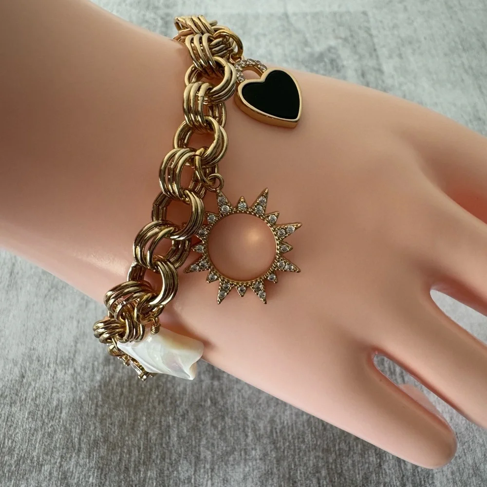 ! Luna Norte Icon Toggle Brass Bracelet Gold Color Onyx & Mother of Pearl Charms